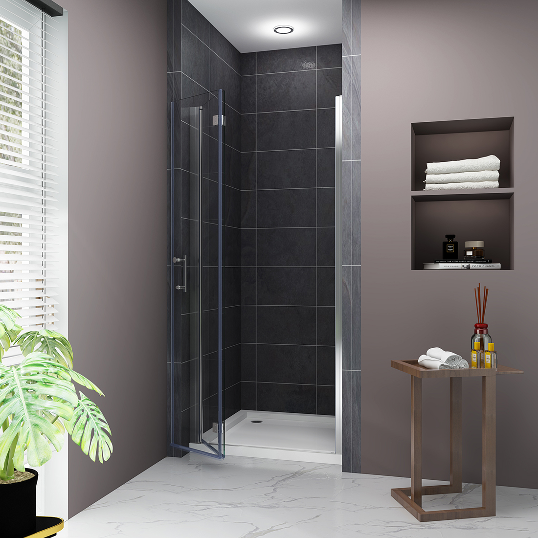 ELEGANT 34" W x 72" H BiFold Pivot Hinged Frameless Shower Door Chrome Finish eBay