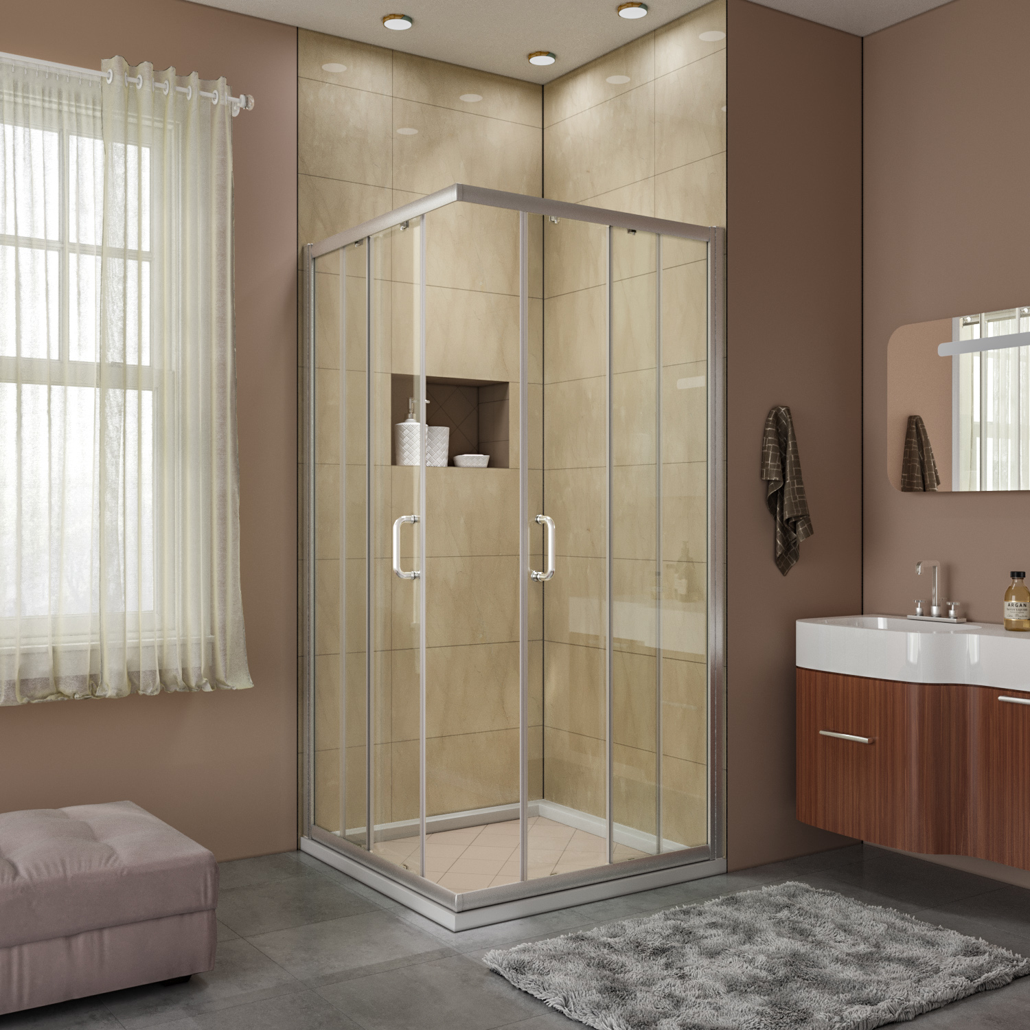 ELEGANT 36" x 36" Double Corner Sliding Shower Door 1/4" Glass Brushed