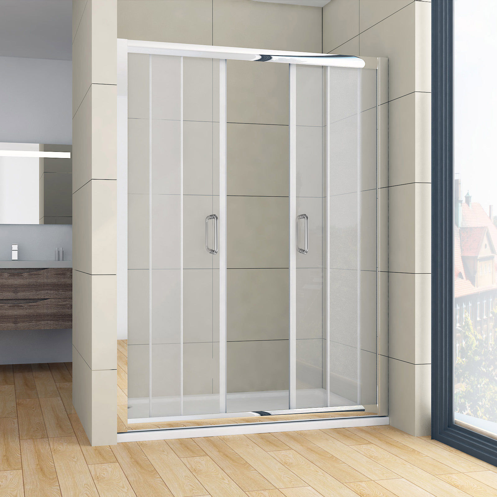 SUNNY SHOWER Double Sliding Shower Doors 60" Center Walkin opening